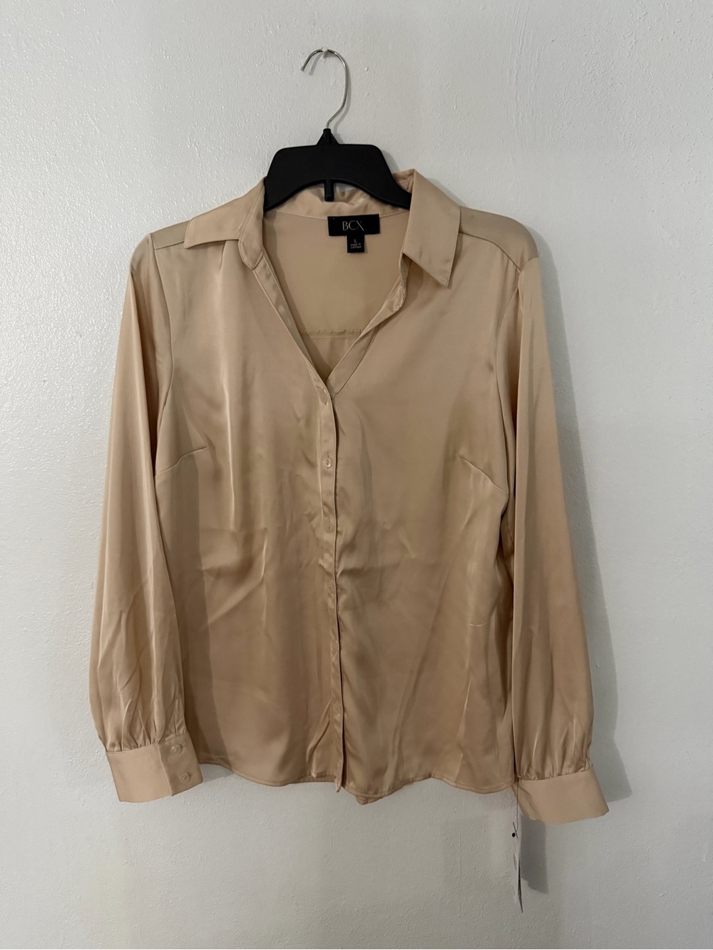 BCX Women's Neutral Satin Button-Down Blouse